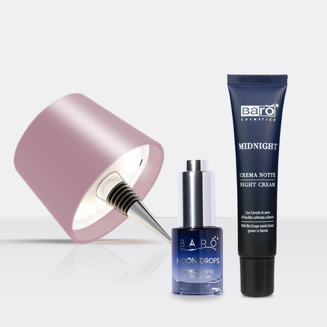 Lámpara recargable para botellas de color rosa dorado + tratamiento de noche