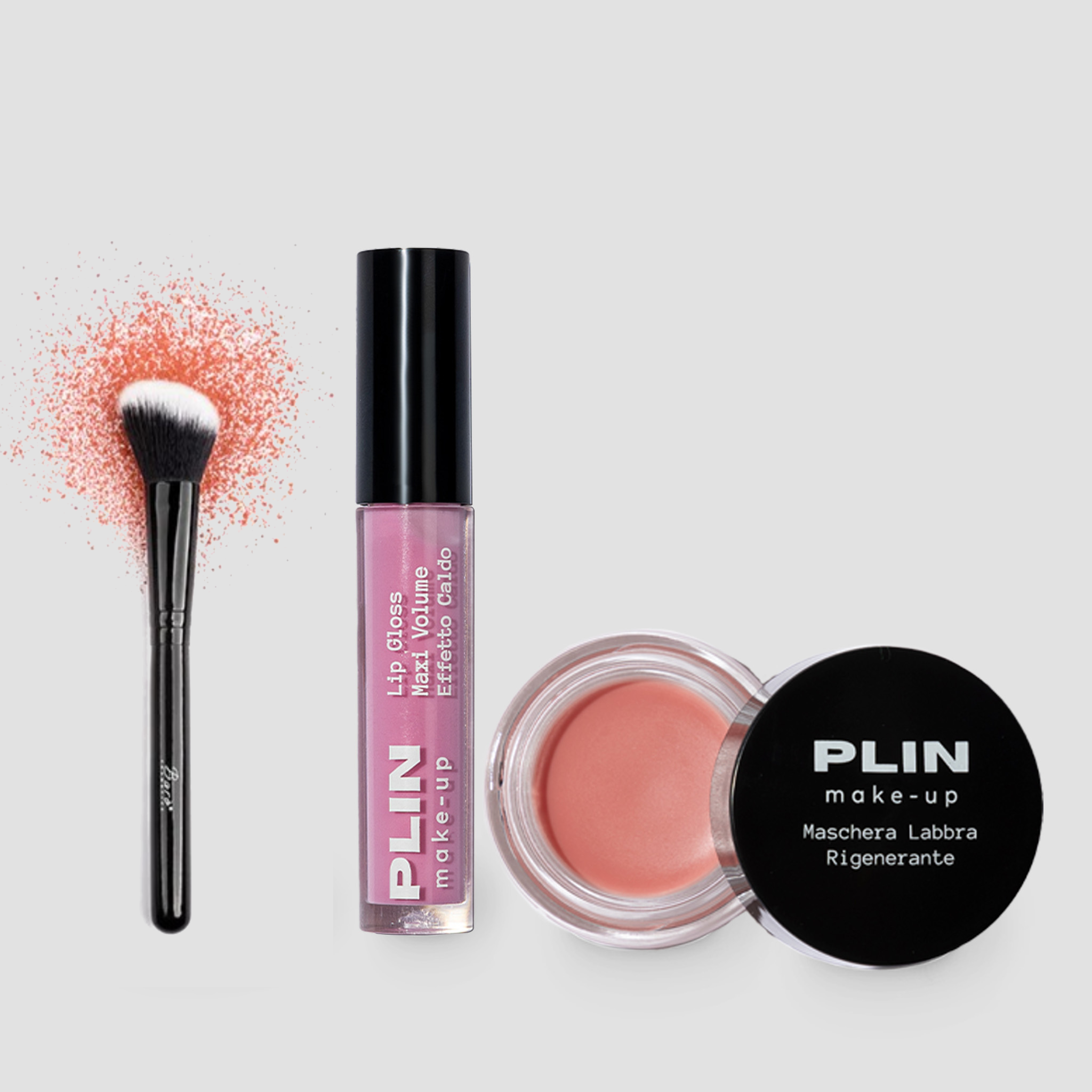 Set Iconic Lips: Brillo de labios con efecto cálido y volumen máximo, mascarilla para labios y brocha para colorete oblicua